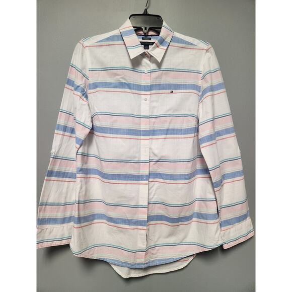 NWT Tommy Hilfiger Women's Long Sleeve Pastel Striped Dress Shirt M - Picture 1 of 4